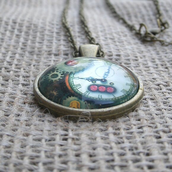 Steampunk Clock & Gears Glass Cabochon Pendant Necklace - Picture 6 of 12